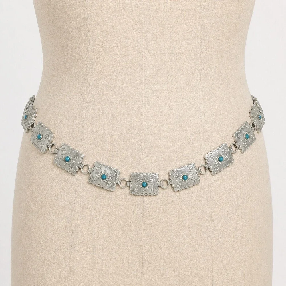 Western Concho Belt Silver Turquoise Leather Tie Boho Cowgirl Stamped Floral